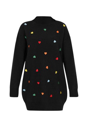 Maglione nero lavorato a maglia con colletto alto, caratterizzato da ricami a forma di cuore colorati in rosso, verde, blu, arancione e giallo. Vestibilità ampia.