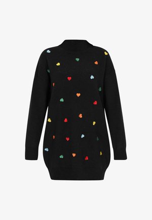 Zwarte gebreide trui met een hoge hals, voorzien van kleurrijke hartvormige borduursels in rood, groen, blauw, oranje en geel. Ruimvallend model.