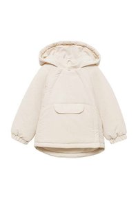 Krämfärgad pufferjacka med huva, elastiska cuffs, en framficka och en mjuk, texturerad yta. Har en rundad fåll och kviltat mönster.
