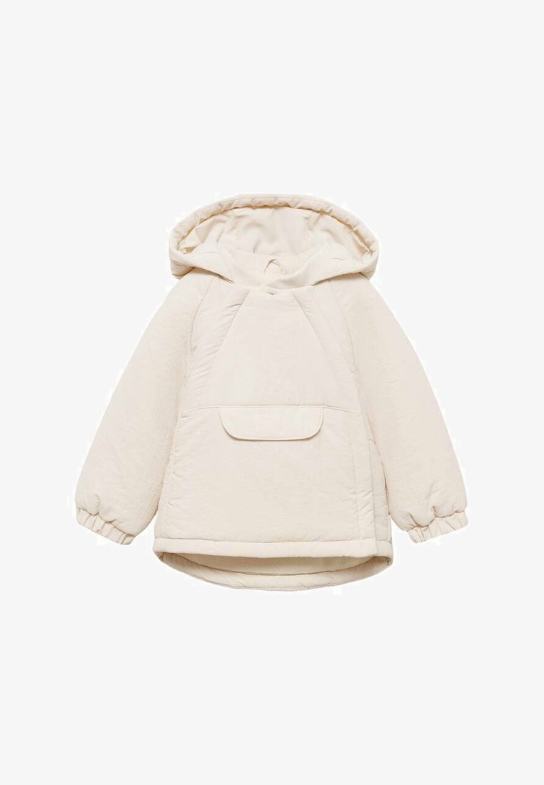 Crème pufferjack met een capuchon, elastische manchetten, een voorzak en een zachte, textuur afgewerkte bovenkant. Heeft een ronde zoom en een gewatteerd patroon.