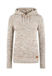 Sweat à capuche en maille chinée beige et blanche, manches longues, capuche à cordon avec œillets en bois, et petite étiquette logo marron à l'ourlet.