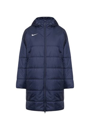 Marineblaue gepolsterte lange Jacke mit Kapuze, durchgehendem Frontreißverschluss und weißem Nike-Logo auf der linken Brust.