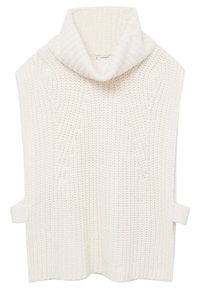Objemný pletený svetr v barvě slonové kosti, s volným límcem a bočními knoflíkovými akcenty. Texturovaná tkanina s volným, oversized střihem.