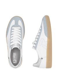 White and light blue sneakers with a smooth leather and textured suede upper, featuring white laces, a gum rubber sole, and a logo detail.