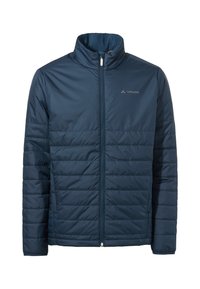 Marineblaues Steppjacke mit hohem Kragen, horizontalem Steppmuster, durchgehendem Reißverschluss und kleinem Logo auf der Brust.