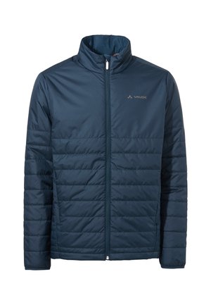 Doudoune bleu marine avec un col haut, motif matelassé horizontal, zip complet à l'avant et un petit logo sur la poitrine.