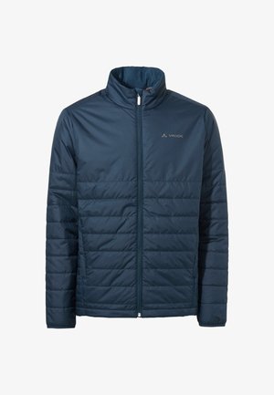 Doudoune bleu marine avec un col haut, motif matelassé horizontal, zip complet à l'avant et un petit logo sur la poitrine.