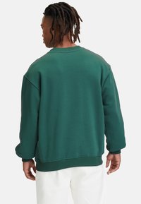 Felpa di cotone verde con vestibilità comoda, scollo rotondo e polsini a coste. Texture liscia senza motivi o accenti visibili.