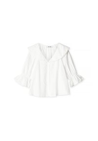 Camicia bianca con un ampio colletto Peter Pan, chiusura con bottoni e maniche a sbuffo a tre quarti. Presenta motivi ad occhio ricamati e dettagli arricciati.