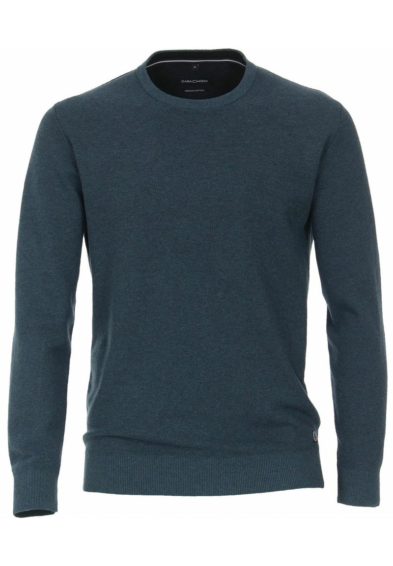 Dunkelgrüner Pullover aus strukturiertem Strickstoff. Verfügt über einen Rundhalsausschnitt und gerippte Bündchen sowie einen Saum, mit einem kleinen Logodetail.