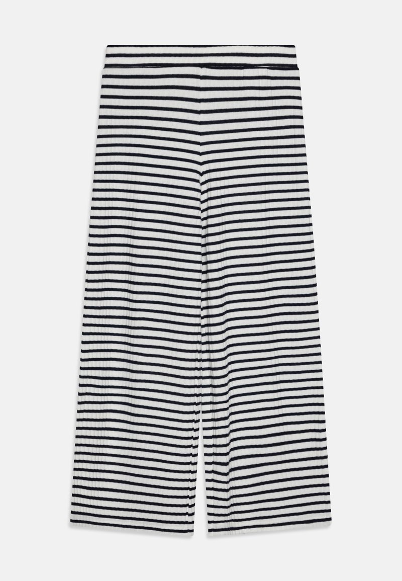 Striped culottes featuring alternating navy and white horizontal lines, with a wide waistband and soft, ribbed texture.