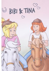 Bibi und Tina Cartoon-Grafik mit zwei Mädchen auf Pferden, vor einem rosa Hintergrund, glitzerndem Text und Herzen über "BIBI & TINA."
