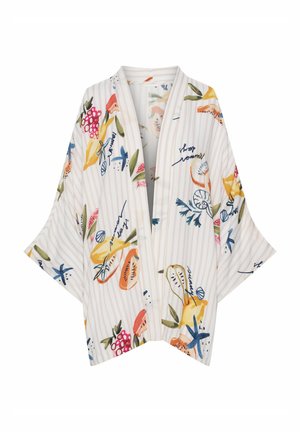 Kwiatowy kimono z delikatnym paskowanym wzorem. Wykonane z miękkiego materiału. Kolory to żółty, różowy, zielony i niebieskie akcenty. Otwarty przód.