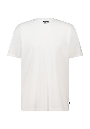 White cotton t-shirt, short sleeves, crew neckline, relaxed fit; branded label on the left side near the hem.