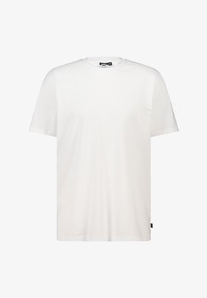 Weißes Baumwoll-T-Shirt, kurze Ärmel, Rundhalsausschnitt, lockere Passform; Markenlabel auf der linken Seite in der Nähe des Saums.