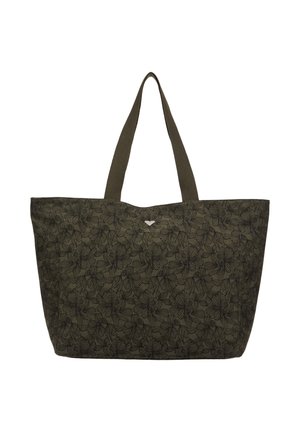 Ciemnozielona torba typu tote z czarnym kwiatowym wzorem i dwoma paskami na ramię, z małym srebrnym emblematem w kształcie serca na górze na środku.
