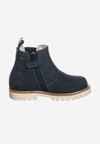 Stivaletto alla caviglia in pelle blu scuro con cerniera laterale, suola in gomma beige e cuciture decorative. Dotato di linguetta per un facile utilizzo.