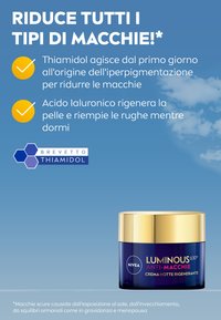 Crema NIVEA Luminous 630 Anti-Macchie in un barattolo blu con un coperchio dorato. L'etichetta mostra il nome del prodotto e i benefici per la discromia della pelle.