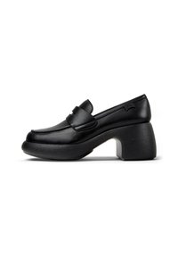 Black leather loafers with a rounded toe and a structured, chunky heel. Features a strap across the vamp for added detail.