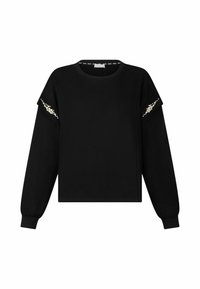 Top nero a maniche lunghe con collo a giro, caratterizzato da maniche con rouches e decorazioni sulla spalla, realizzato in un tessuto morbido.