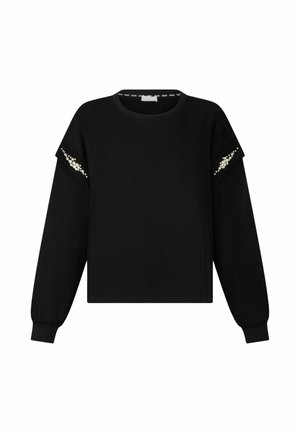 Top nero a maniche lunghe con collo a giro, caratterizzato da maniche con rouches e decorazioni sulla spalla, realizzato in un tessuto morbido.