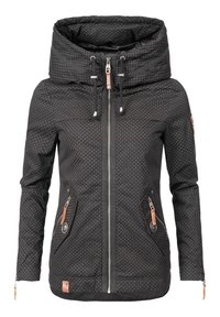 Black jacket with a large, padded hood. Textured fabric featuring small white polka dots. Zippered pockets and adjustable drawstrings.
