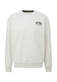Hellgrauer Sweatshirt mit Rundhals, mit "FUTURE VISUALS" in Schwarz auf der linken Brust gedruckt. Weiches Material und gerippte Bündchen.