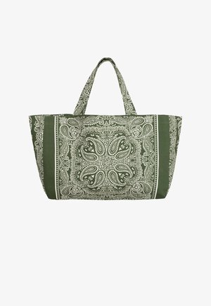 Zielona torba materiałowa z białym wzorem paisley, z długimi uchwytami i przestronnym wnętrzem, idealna do różnych zastosowań.