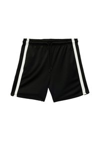 Sorte atletiske shorts lavet af letvægtsmateriale, med to hvide sidelister og en justerbar snoretræk i taljen.