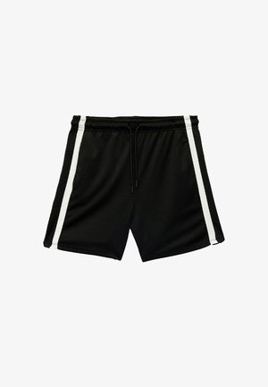 Shorts de sport noirs en matériau léger, avec deux bandes blanches sur les côtés et une ceinture à cordon de serrage réglable.