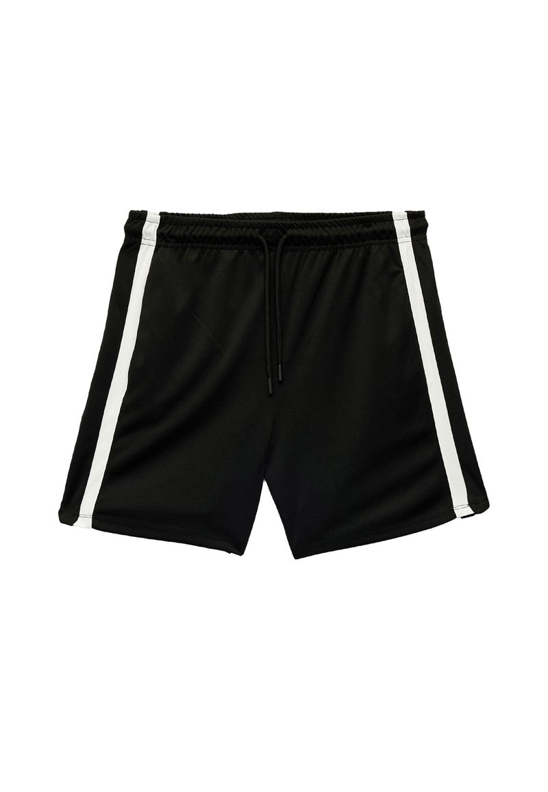 Sorte atletiske shorts lavet af letvægtsmateriale, med to hvide sidelister og en justerbar snoretræk i taljen.