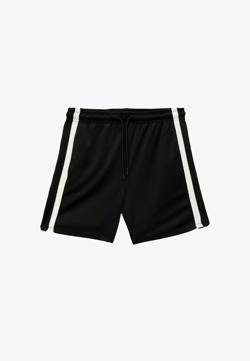 Shorts de sport noirs en matériau léger, avec deux bandes blanches sur les côtés et une ceinture à cordon de serrage réglable.