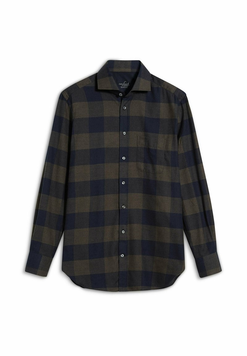 Camisa de cuadros en franela de color verde oscuro y azul marino, con mangas largas, cuello punta y un bolsillo en el pecho.