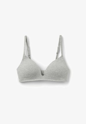 Bralette en coton gris avec une forme de coupe triangulaire, des bretelles réglables et un détail central en forme de découpe. Texture lisse et design sans coutures.