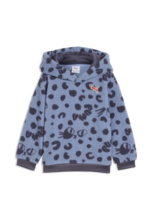 Blåt fleece hættetrøje med mørke leopardpletter og katteansigter, med lille rød Puma-logo på brystet.