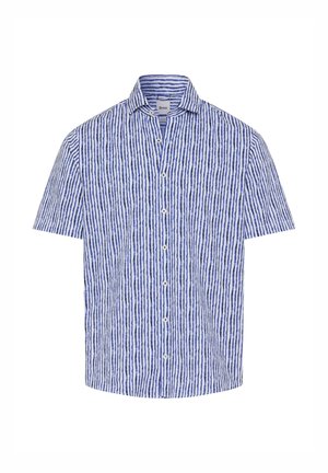 Camicia a maniche corte con bottoni, motivo a righe verticali blu e bianche e colletto appuntito.