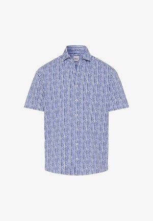 Camicia a maniche corte con bottoni, motivo a righe verticali blu e bianche e colletto appuntito.