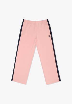 Rosa Sporthose mit schwarzen Seitenstreifen, elastischem Bund, Seitentaschen und kleinem Logo am oberen rechten Oberschenkel.