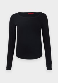 Zwart lang mouw t-shirt met een ronde halslijn, zachte textuur en een slim-fit pasvorm. Heeft een eenvoudig ontwerp zonder patronen of accenten.