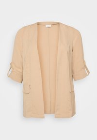 Bež dolg cardigan iz lahkega materiala z odprtim sprednjim delom, dvema stranskima žepoma in zvitimi rokavi. Gladka tekstura in sproščen dizajn za plastenje.