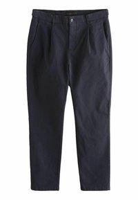 Marineblaue Baumwollhosen mit glatter Textur, ausgestattet mit einem Reißverschluss, Fronttaschen und einem leicht schmal zulaufenden Bein.