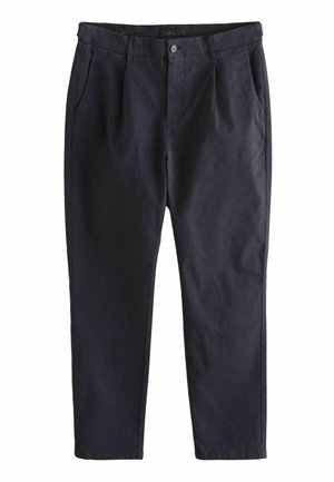 Marineblaue Baumwollhosen mit glatter Textur, ausgestattet mit einem Reißverschluss, Fronttaschen und einem leicht schmal zulaufenden Bein.