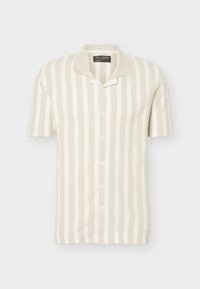 Πόλο με κοντά μανίκια, μπεζ και λευκές κάθετες ρίγες, κουμπιά και διπλωμένο γιακά.