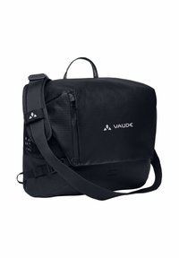 Bolso mensajero negro hecho de un tejido duradero, con forma rectangular, correa ajustable, asa superior y logo de VAUDE en la parte frontal.