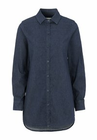 Tummansininen, nappikiinnitteinen paita, joka on valmistettu farkkukankaasta. Siinä on kärkipolo, pitkät hihat ja kaareva helma. Nappien väri on sama tummansininen.