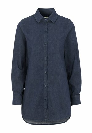 Dunkelblauses, knöpfbares Hemd aus Denimstoff. Verfügt über einen spitzen Kragen, lange Ärmel und einen abgerundeten Saum. Die Knöpfe sind in passendem Dunkelblau.