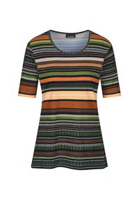 Gestreiftes Kurzarm-Bluse mit rundem Ausschnitt. Die Farben umfassen Grün, Orange, Marineblau und Beige, mit unterschiedlichen horizontalen Mustern.