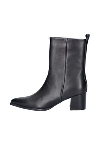 Zwarte leren enkellaars met een puntige neus, gladde textuur, ritssluiting aan de zijkant en een stevige hak. Eenvoudig en modern ontwerp.