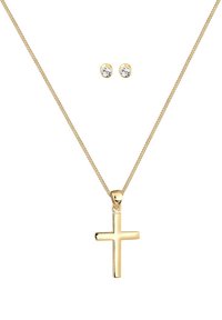 Collana d'oro con pendente a croce; include orecchini a bottone d'oro abbinati con rhinestone trasparenti. La catena presenta un design sottile e texturizzato.