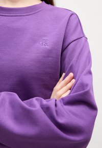 Felpa girocollo viola realizzata in tessuto morbido, con un piccolo logo ricamato "cK" sul petto e maniche testurizzate.